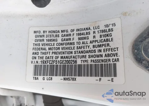 2016 Honda Civic Lx z USA, uszkodzony, nr VIN 19XFC2F51GE200256